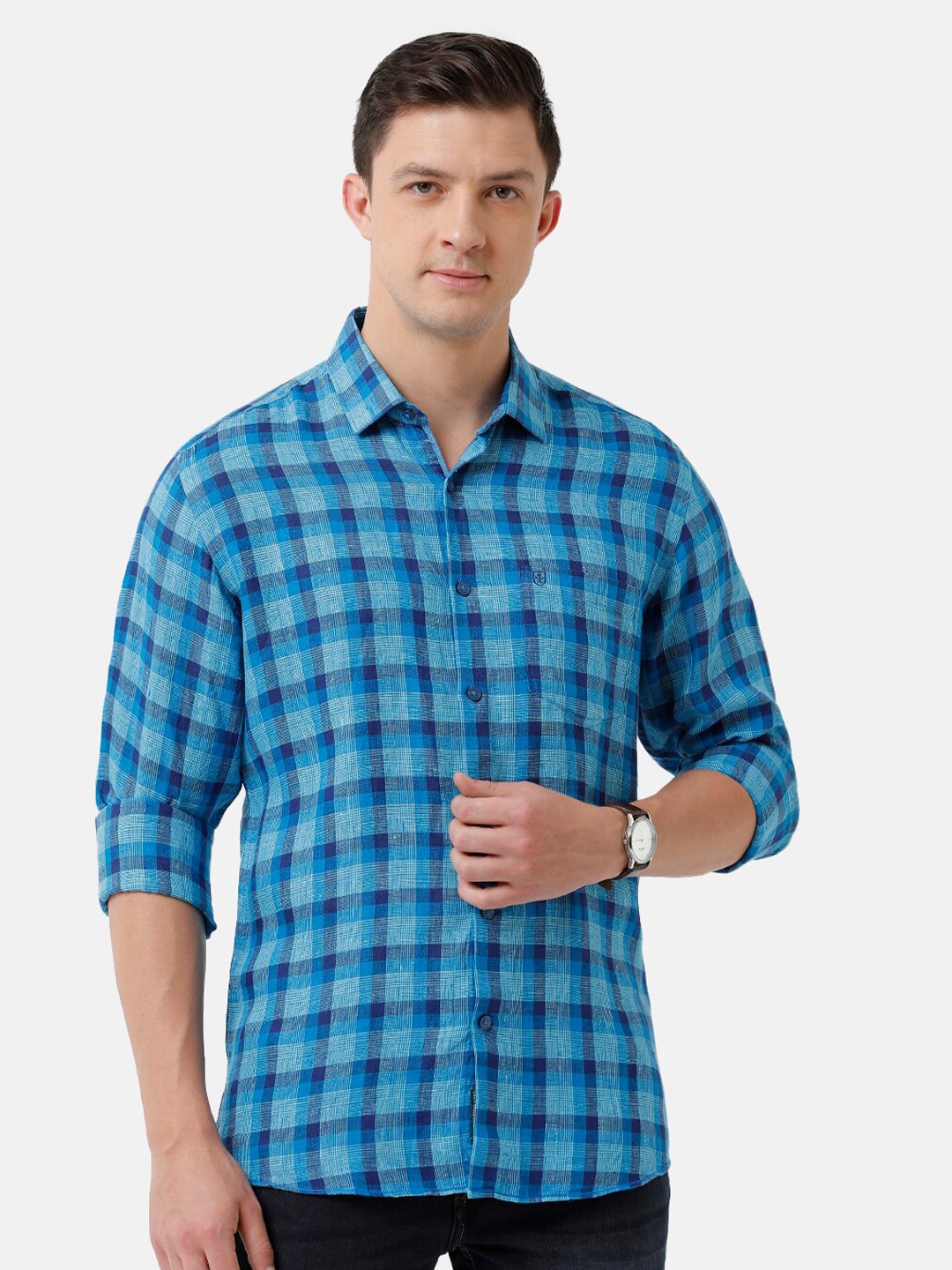 

Linen Club Men Checked Casual Regular Fit Linen Shirt, Blue