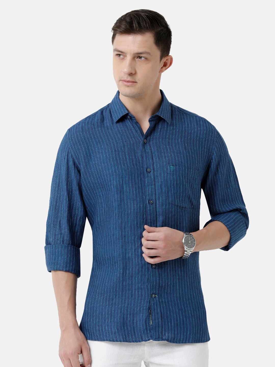 

Linen Club Men Striped Sustainable Casual Regular Fit Linen Shirt, Blue