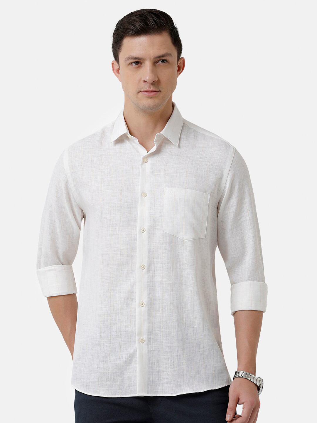 

Linen Club Men Striped Sustainable Casual Regular Fit Linen Shirt, White