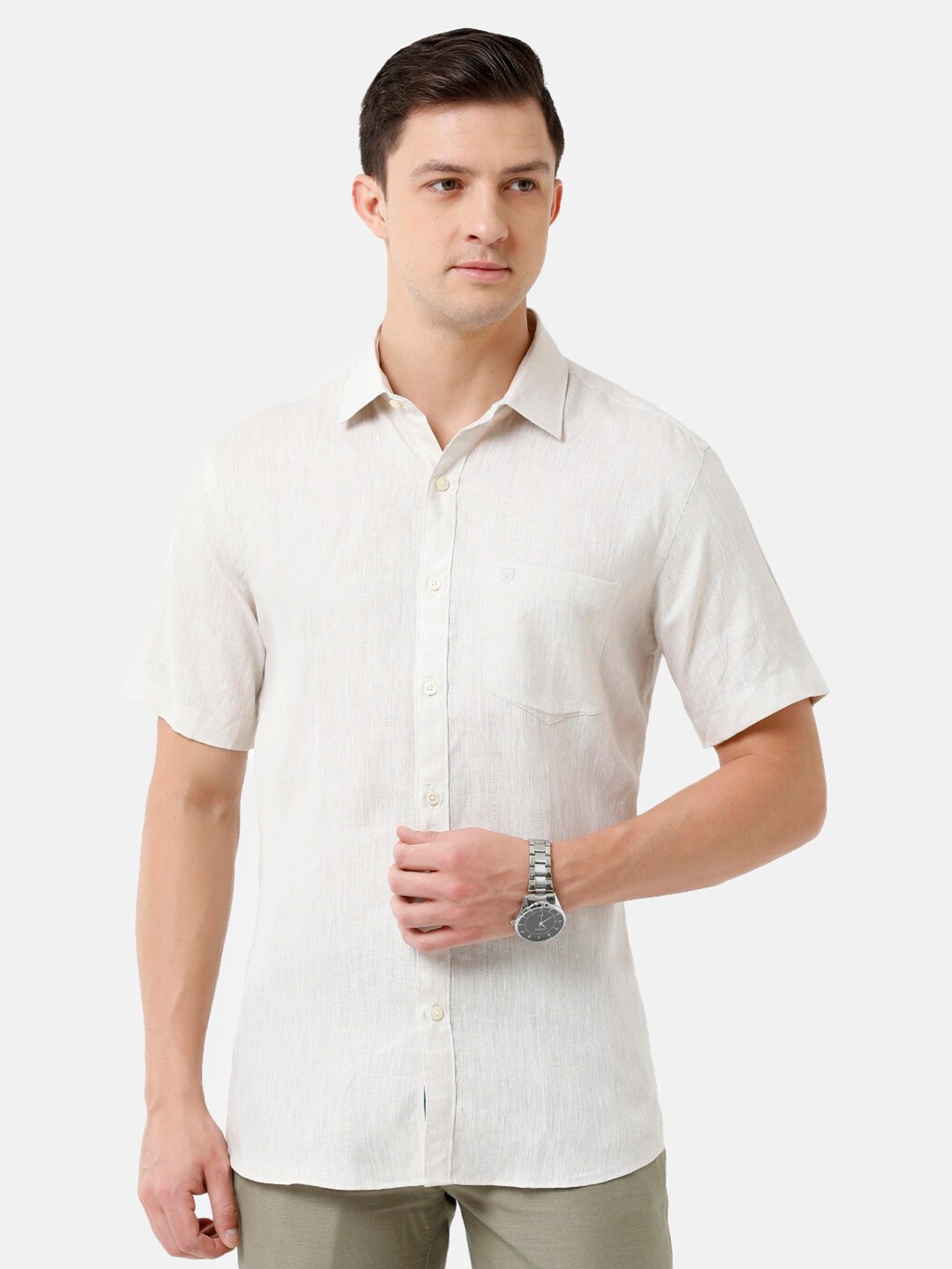 

Linen Club Men Solid Sustainable Casual Regular Fit Linen Shirt, Beige