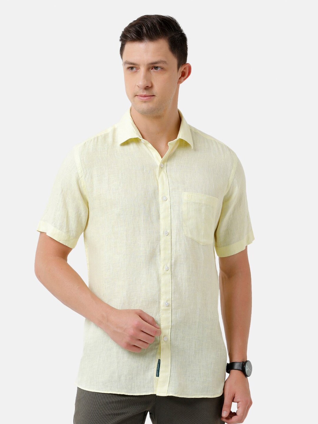 

Linen Club Men Solid Sustainable Casual Regular Fit Linen Shirt, Yellow