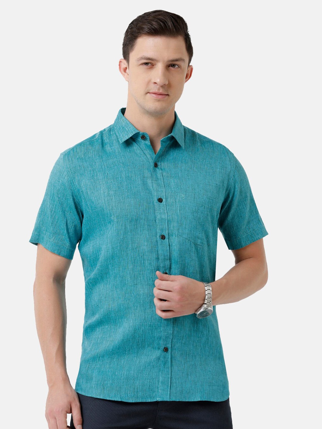 

Linen Club Men Solid Sustainable Casual Regular Fit Linen Shirt, Turquoise blue