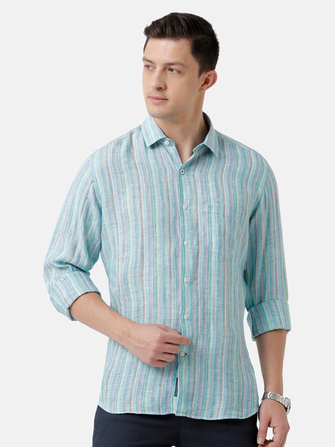 

Linen Club Men Striped Linen Casual Shirt, Turquoise blue