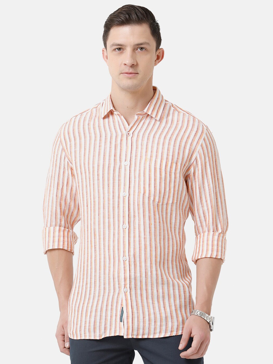 

Linen Club Men Striped Linen Casual Shirt, Peach