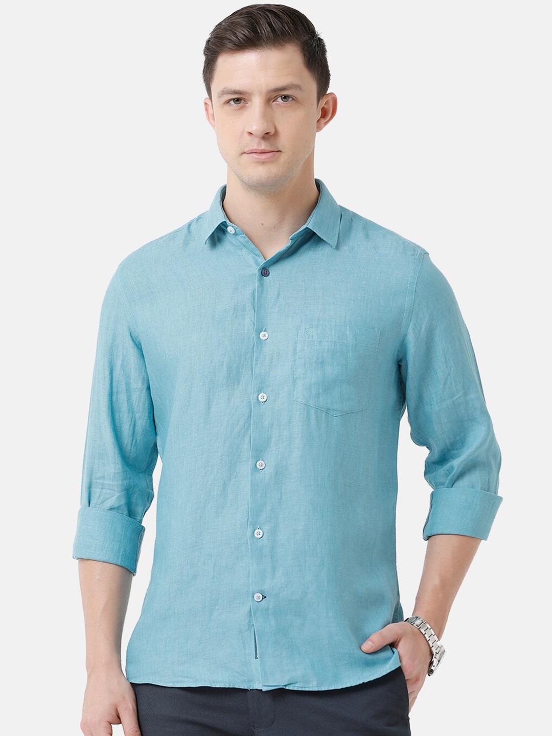 

Linen Club Men Linen Casual Shirt, Turquoise blue