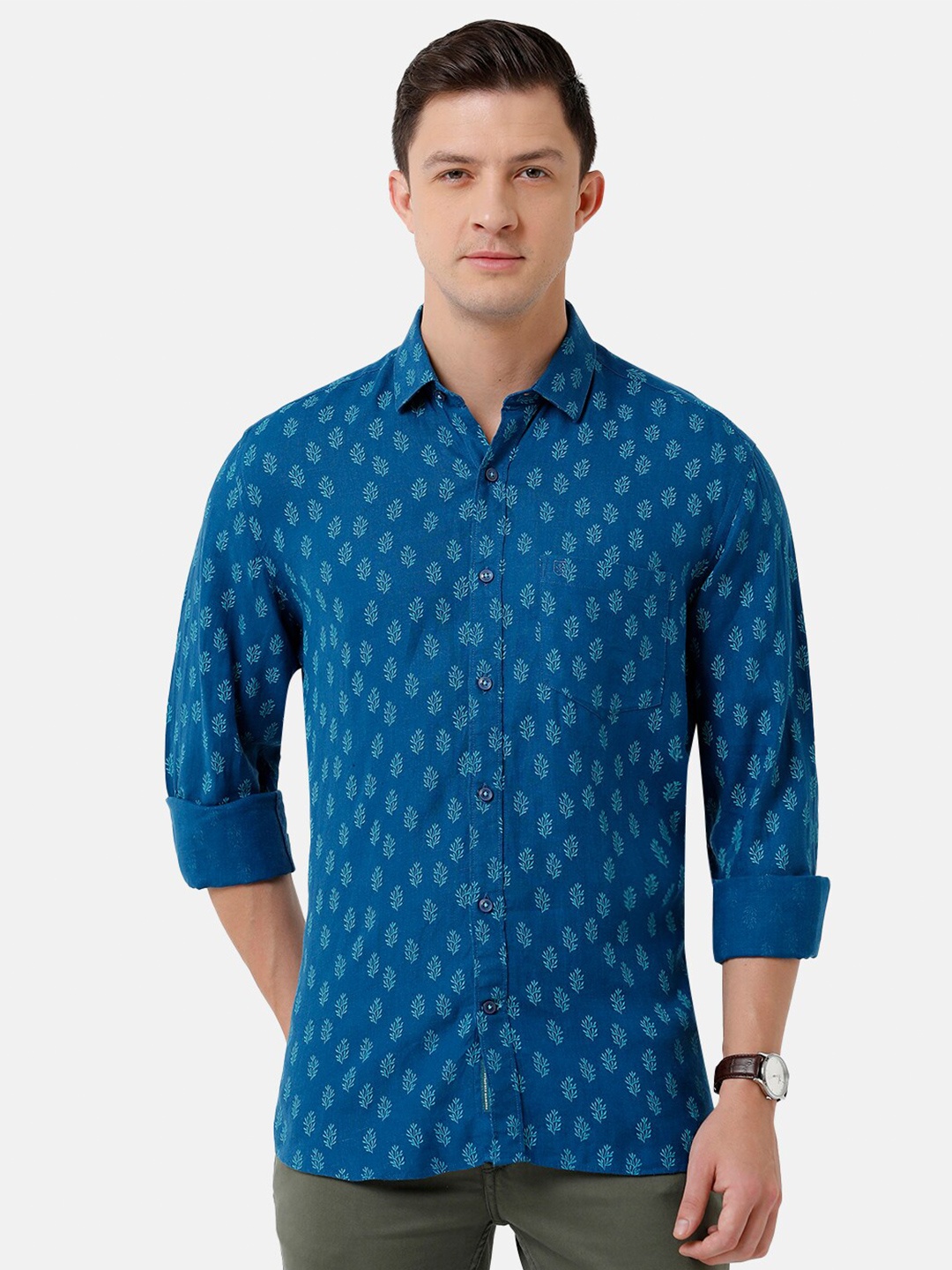 

Linen Club Men Printed Linen Sustainable Casual Shirt, Blue