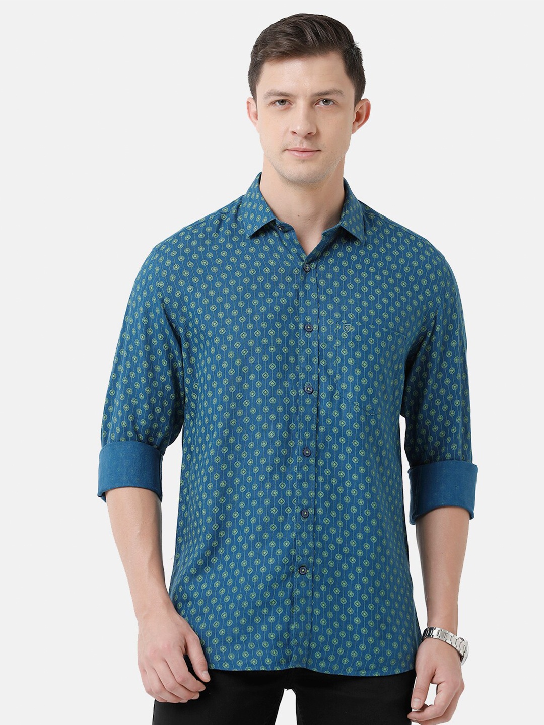 

Linen Club Men Printed Linen Sustainable Casual Shirt, Blue