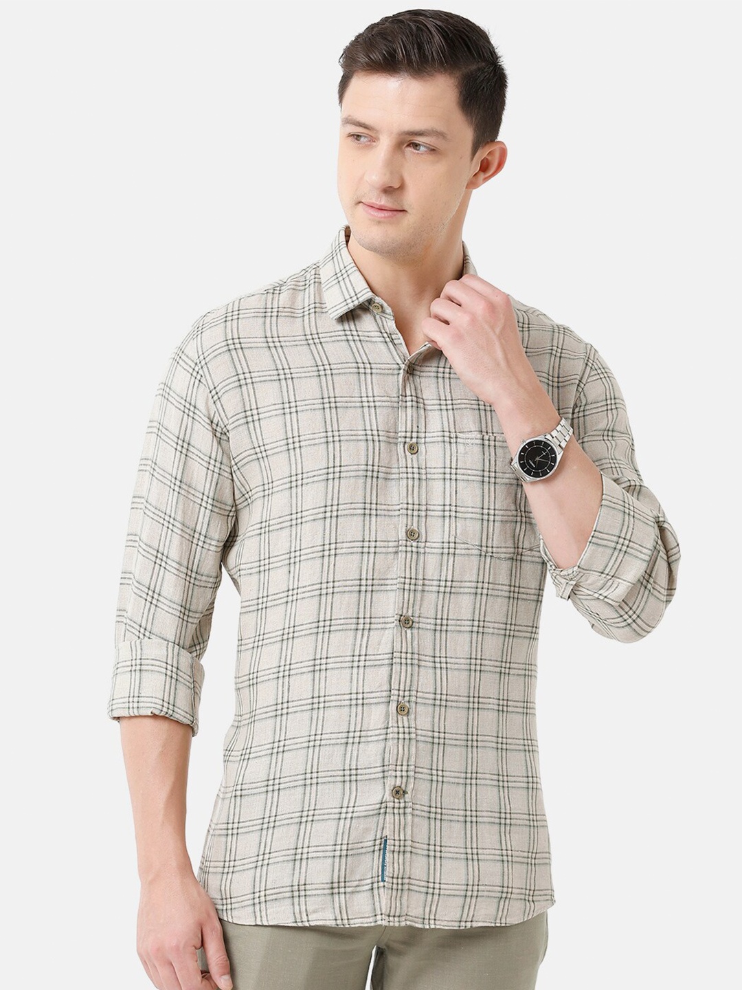 

Linen Club Men Checked Linen Sustainable Casual Shirt, Beige
