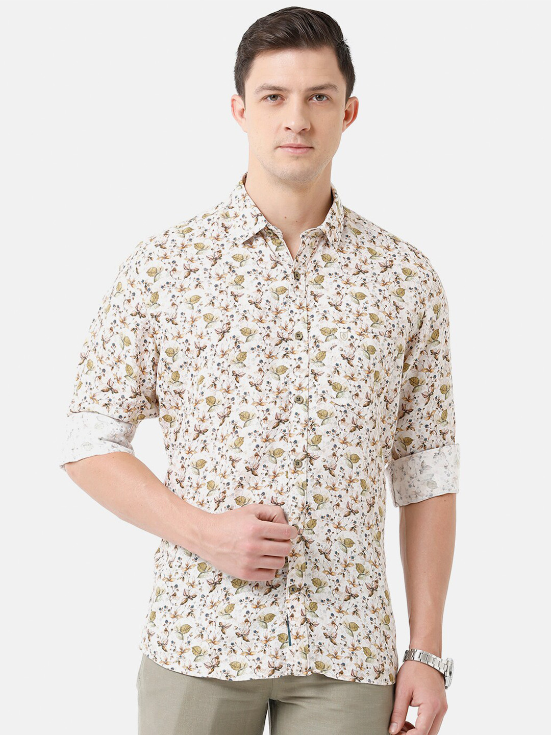 

Linen Club Men Floral Printed Linen Sustainable Casual Shirt, White