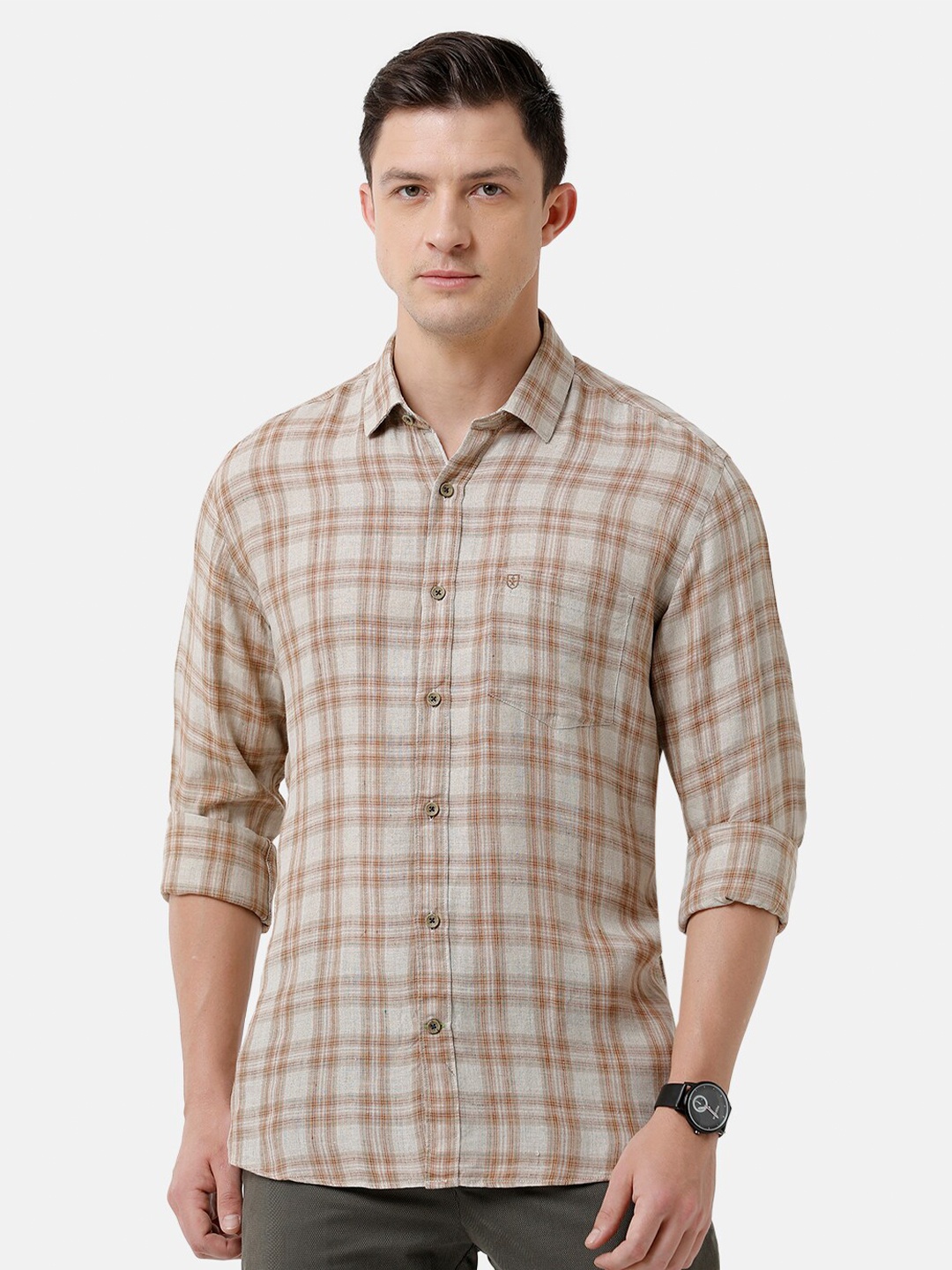

Linen Club Men Tartan Checked Linen Casual Shirt, Brown