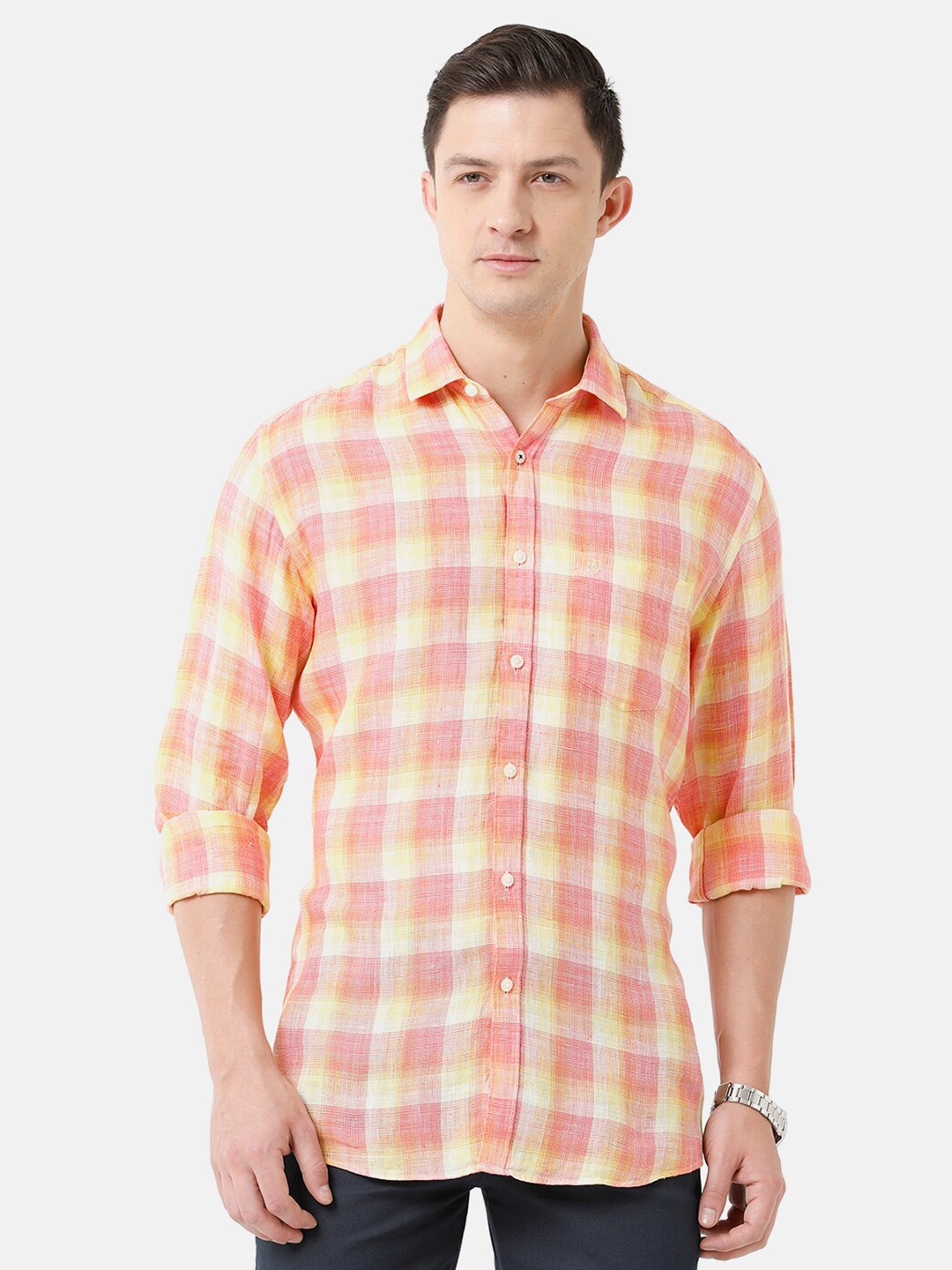 

Linen Club Men Checked Linen Casual Shirt, Pink