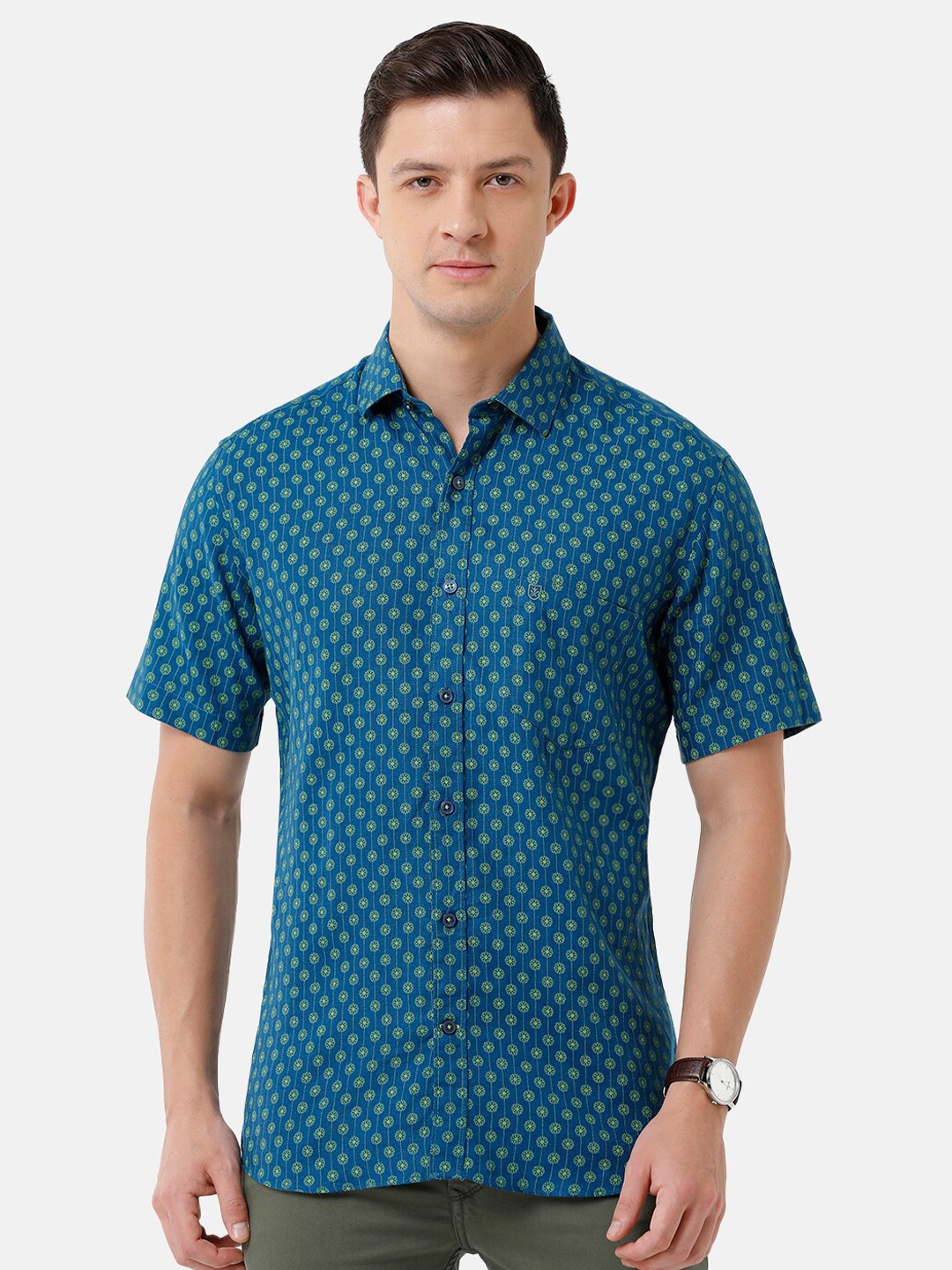 

Linen Club Men Printed Linen Sustainable Casual Shirt, Blue