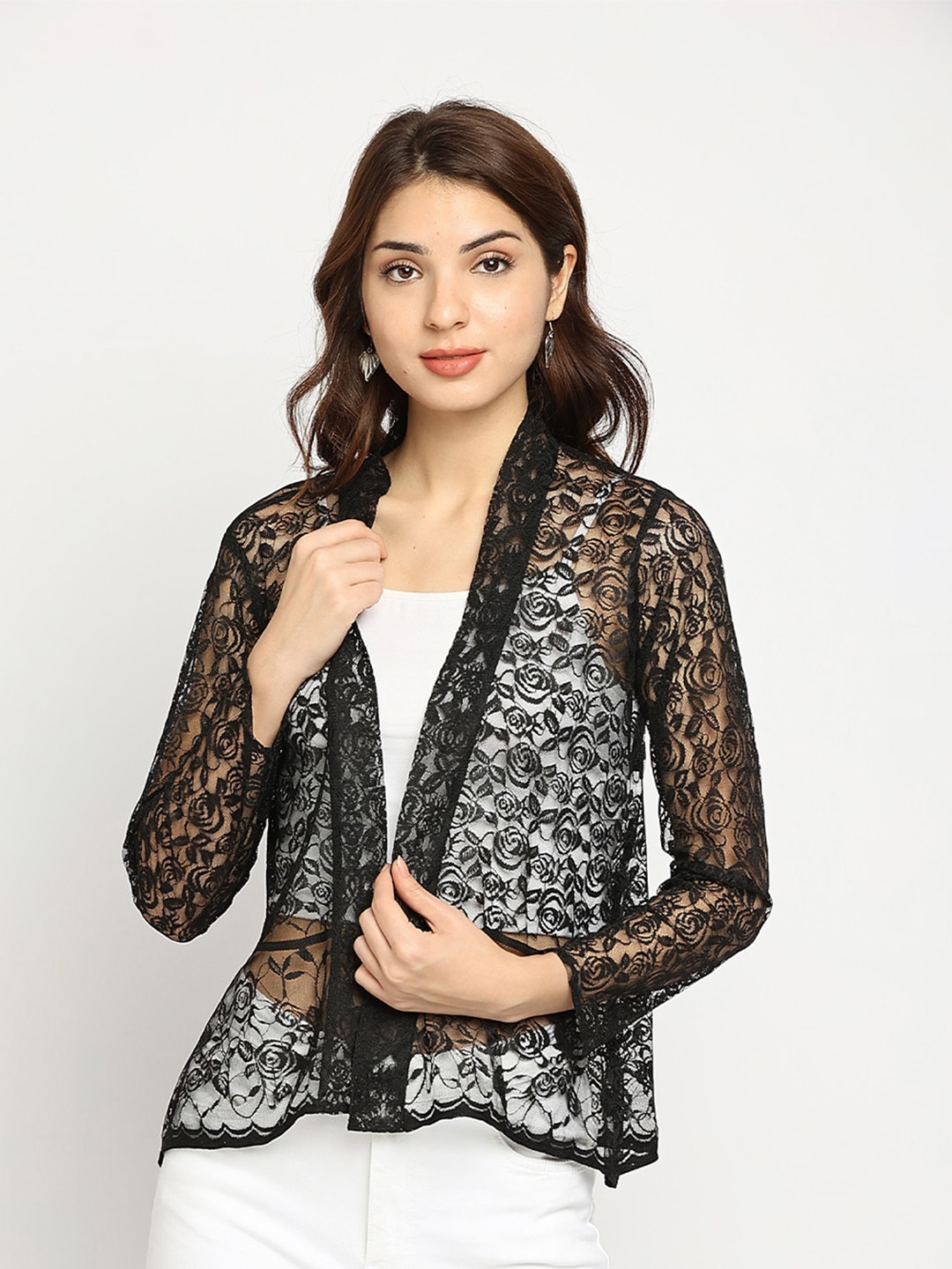 

Ira Soleil Women Black Front Open Lace Shrug