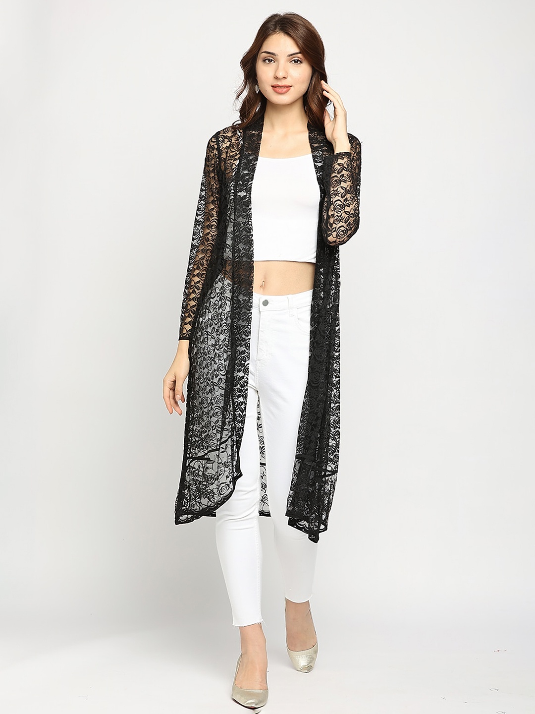 

Ira Soleil Women Front open long lace Longline Shrug, Black