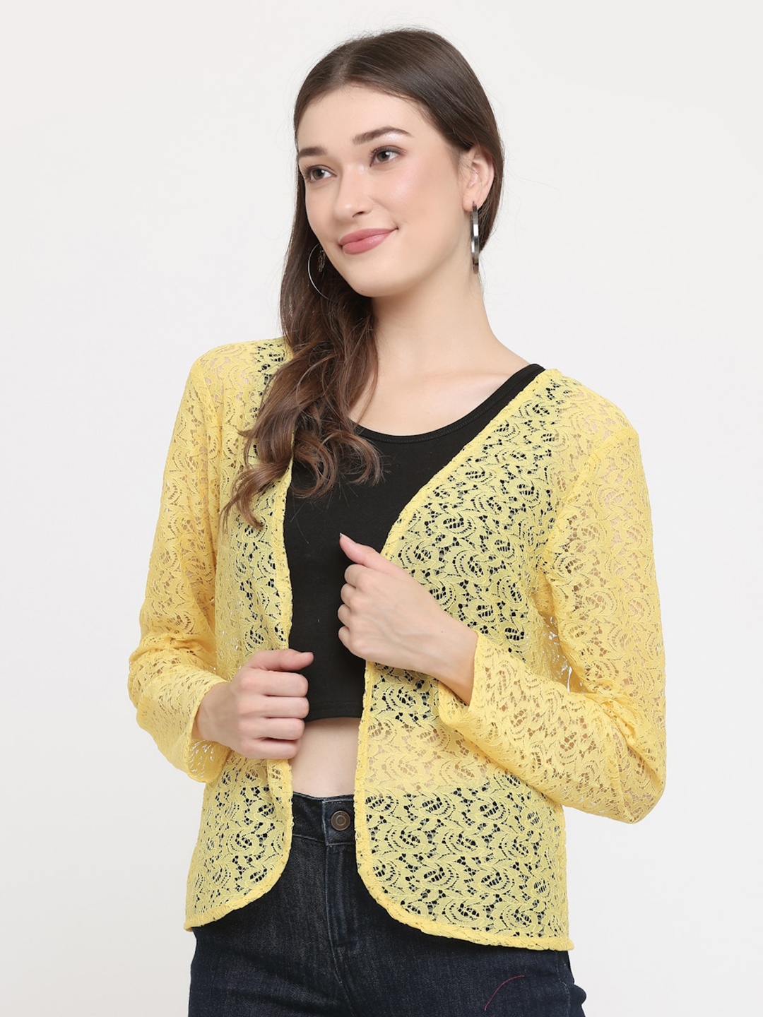 

KURTSY Women Self Design Longline Shrug, Yellow