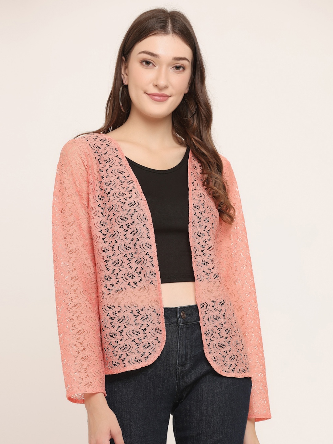 

KURTSY Women Lace Open Front Shrug, Cream