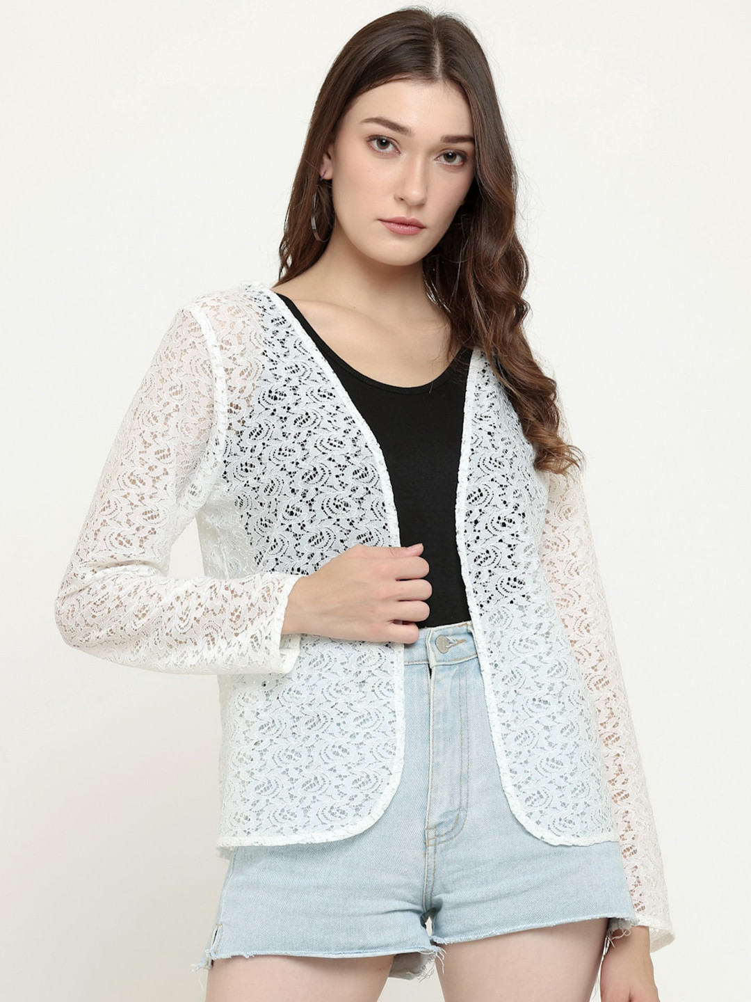 

KURTSY Women Lace Open Front Shrug, Off white