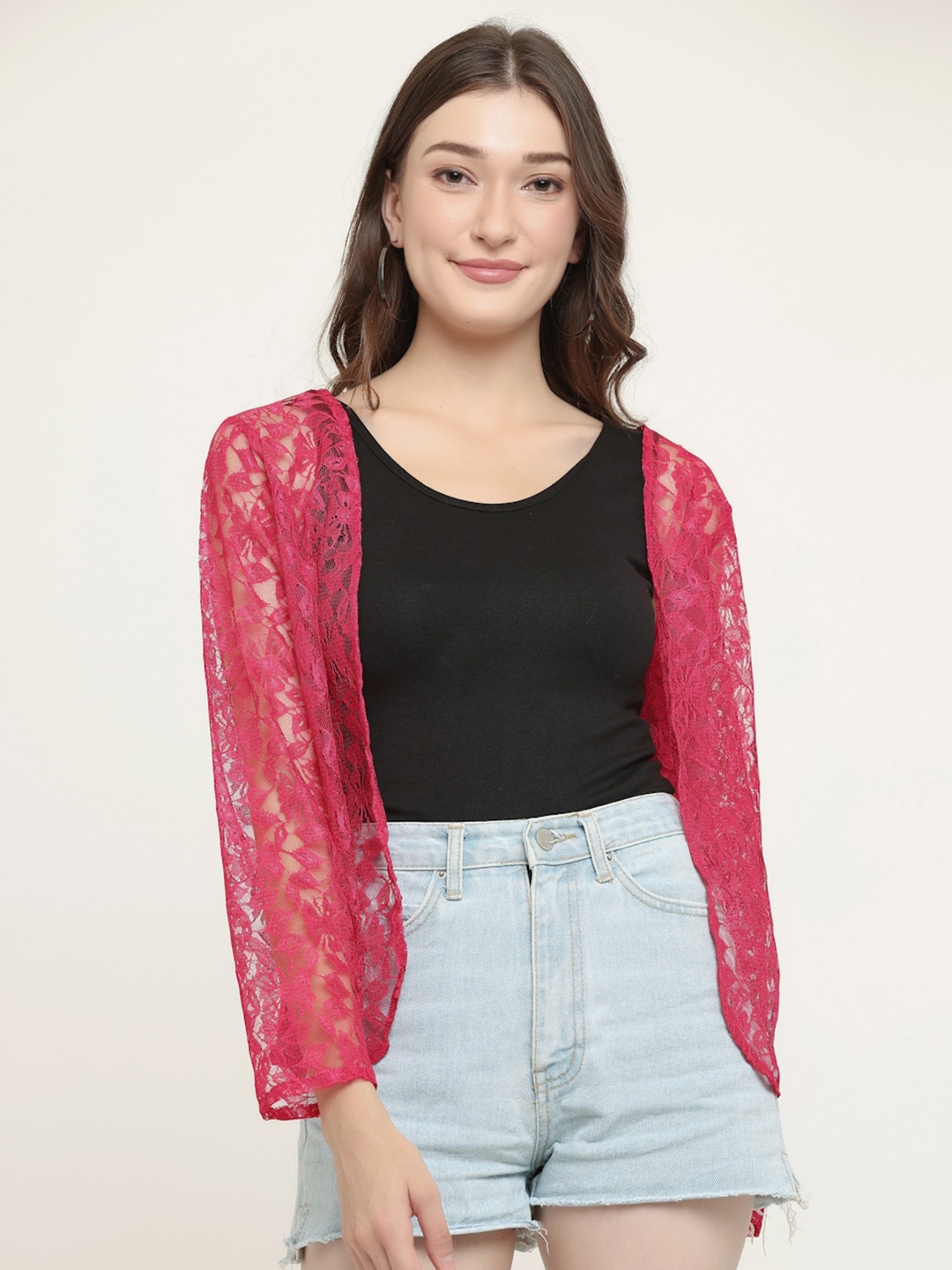 

KURTSY Women Lace Open Front Shrug, Pink