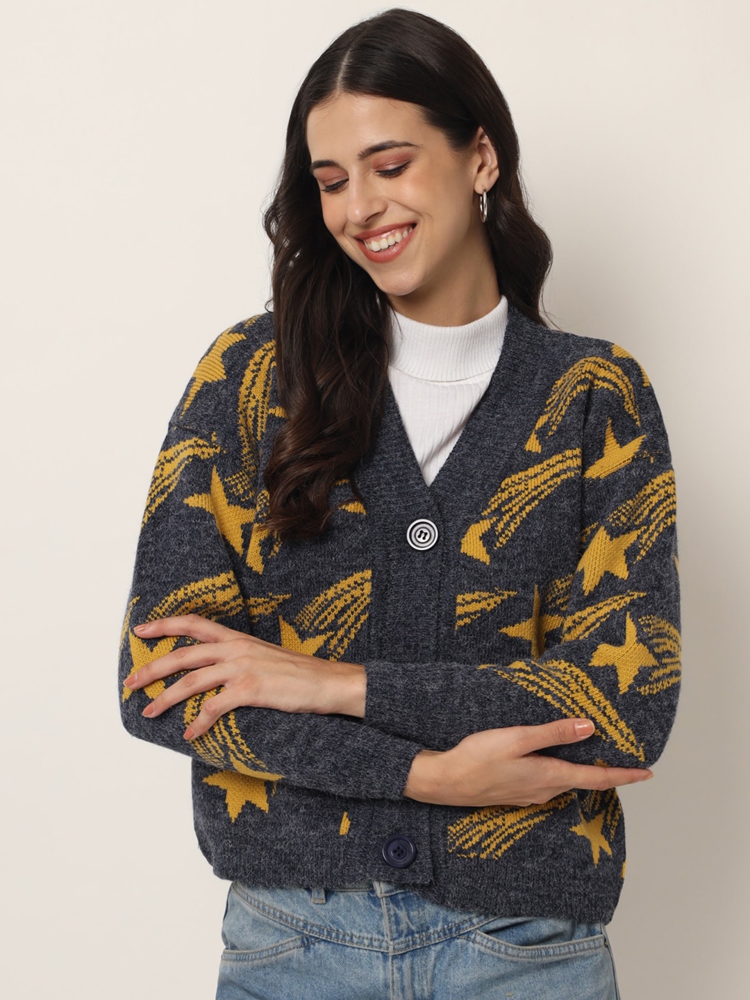 

BROOWL Women Grey & Yellow Printed Pullover