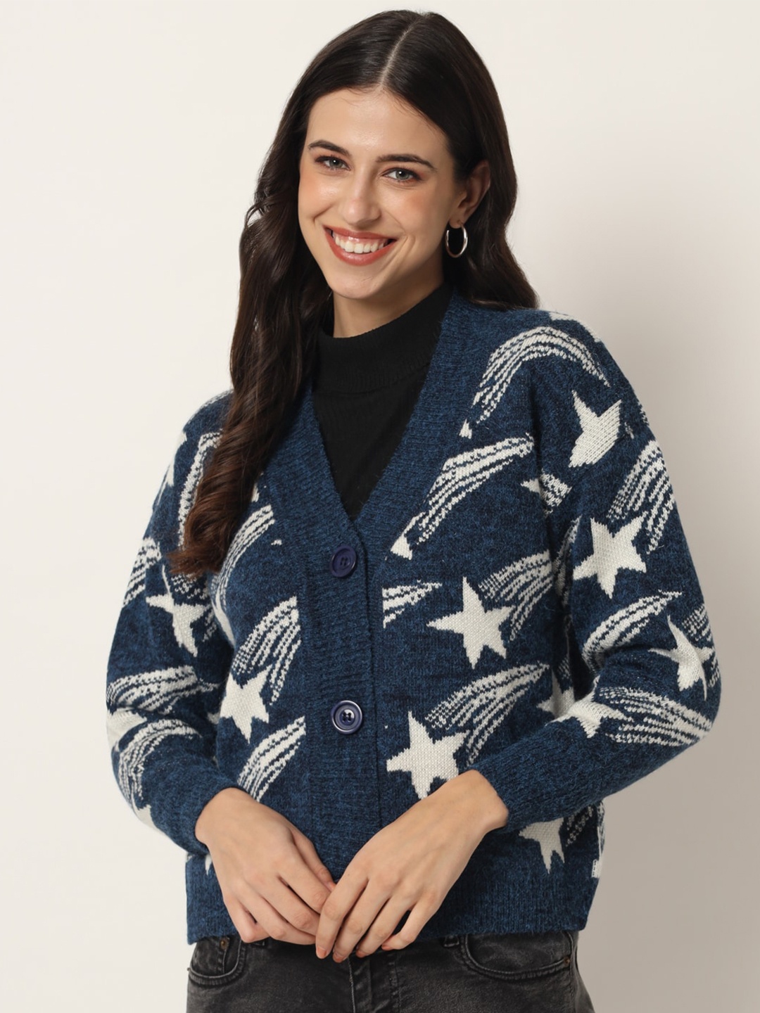 

BROOWL Women Navy Blue & White Printed Cardigan