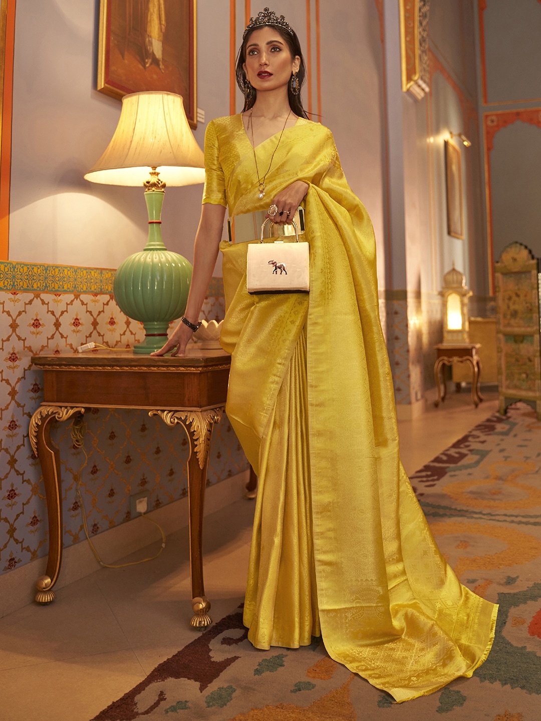 

Mitera Woven Design Zari Kanjeevaram Saree, Yellow