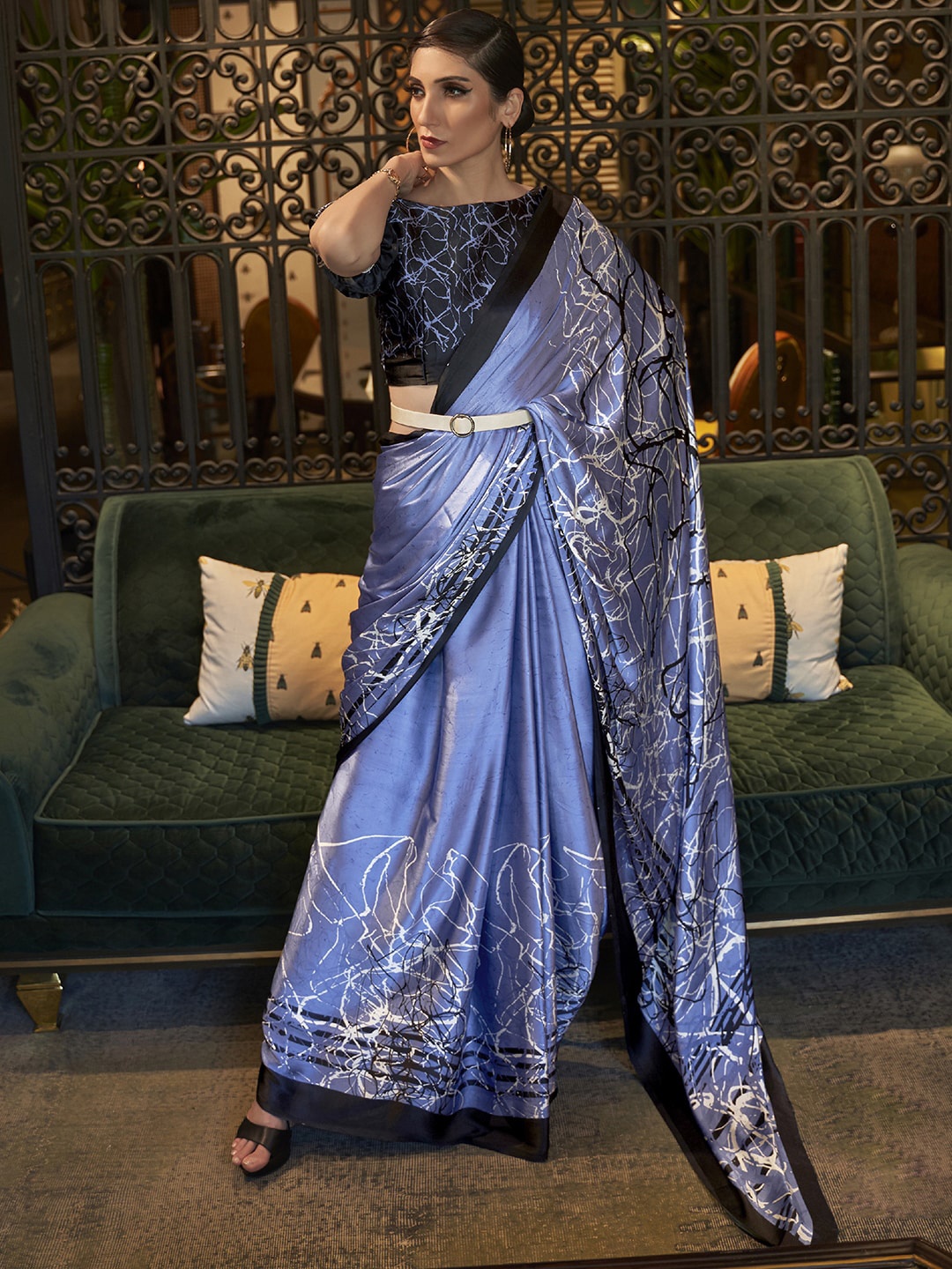 

Mitera Blue & White Printed Crepe Saree