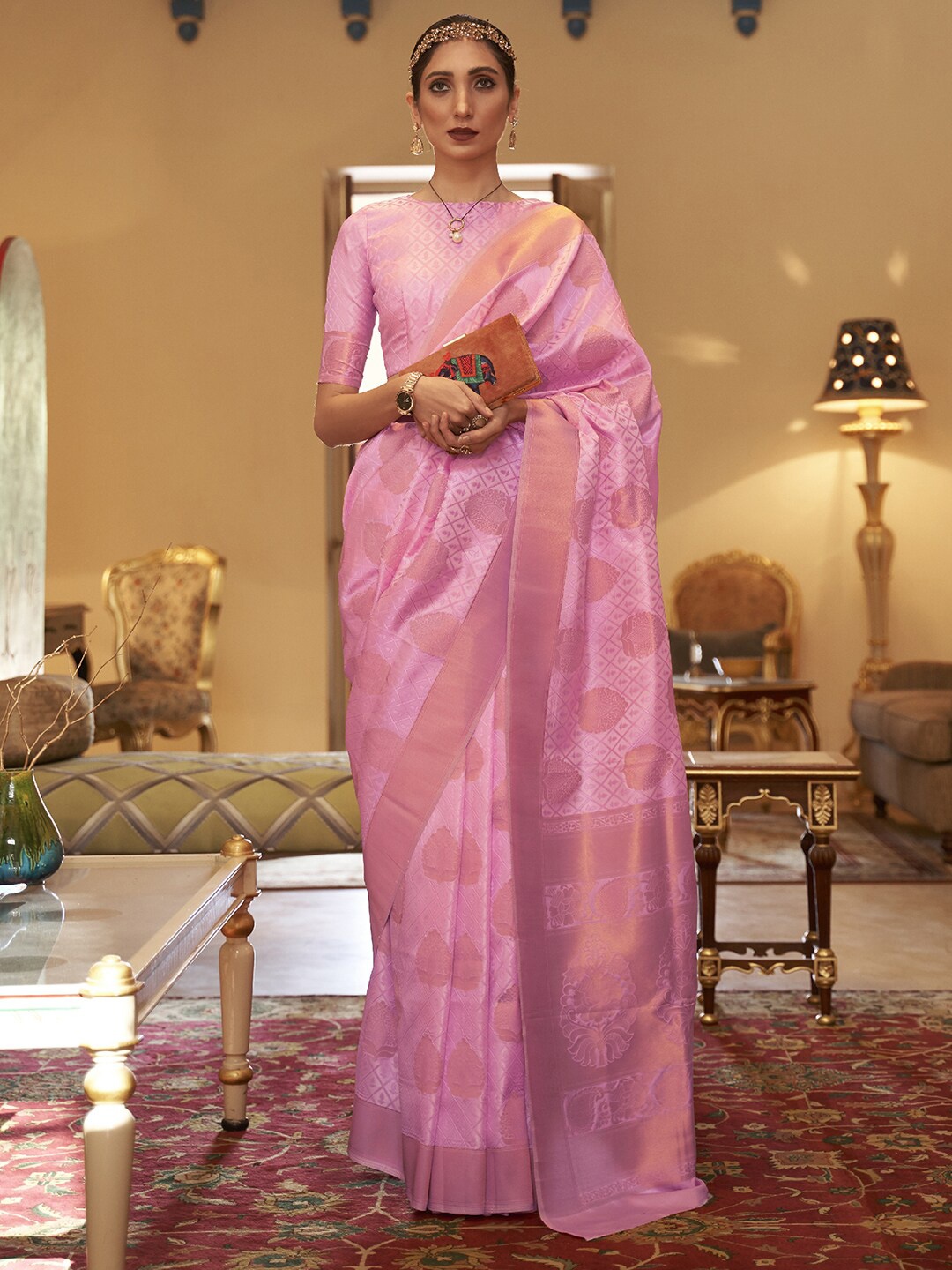 

Mitera Woven Design Zari Silk Blend Banarasi Saree, Pink