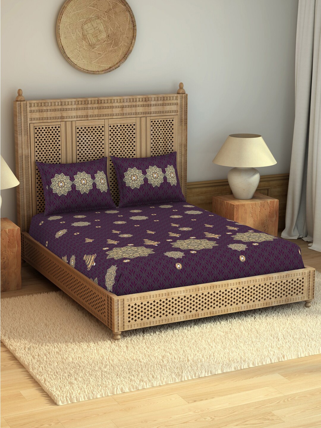 

SPACES Violet & Grey Floral 210 TC King Bedsheet with 2 Pillow Cotton Covers