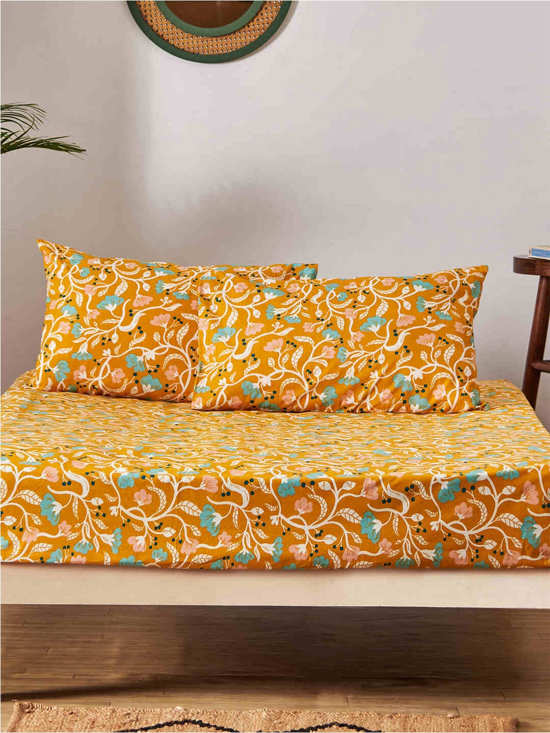 

Chumbak Yellow & Blue Floral 130 TC Queen Bedsheet with 2 Pillow Cotton Covers