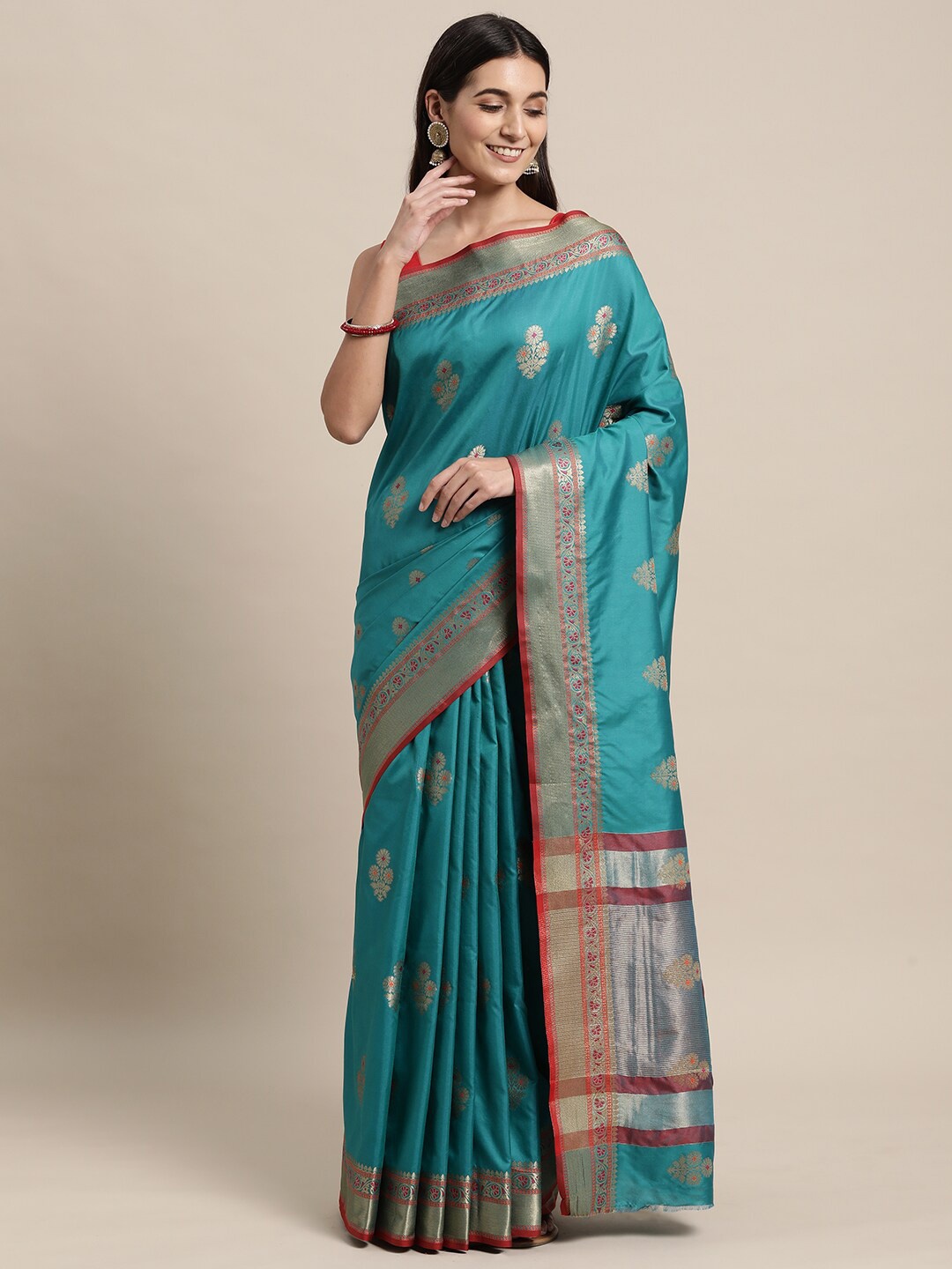 

KAITHY CREATION Blue & Red Floral Zari Pure Silk Banarasi Saree