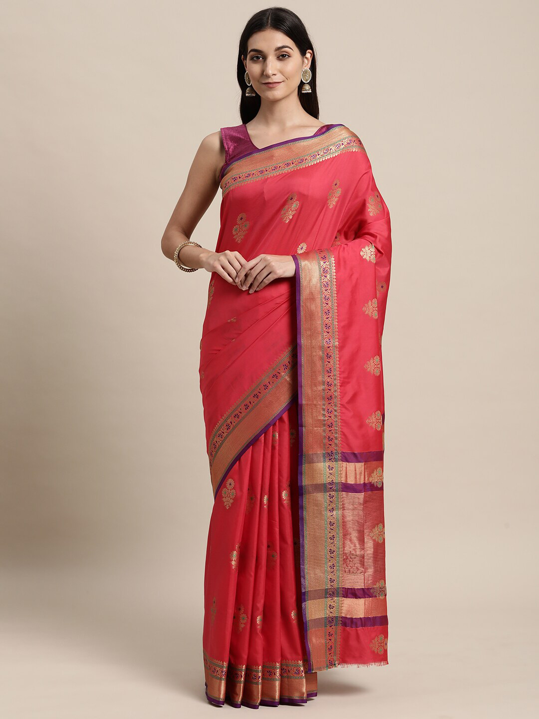 

KAITHY CREATION Red & Purple Floral Zari Pure Silk Banarasi Saree