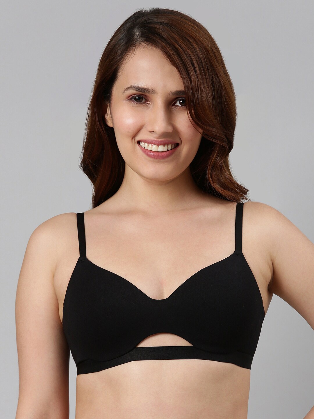 

Enamor Black Invisible Neckline Cotton T-shirt Bra Padded and Wirefree