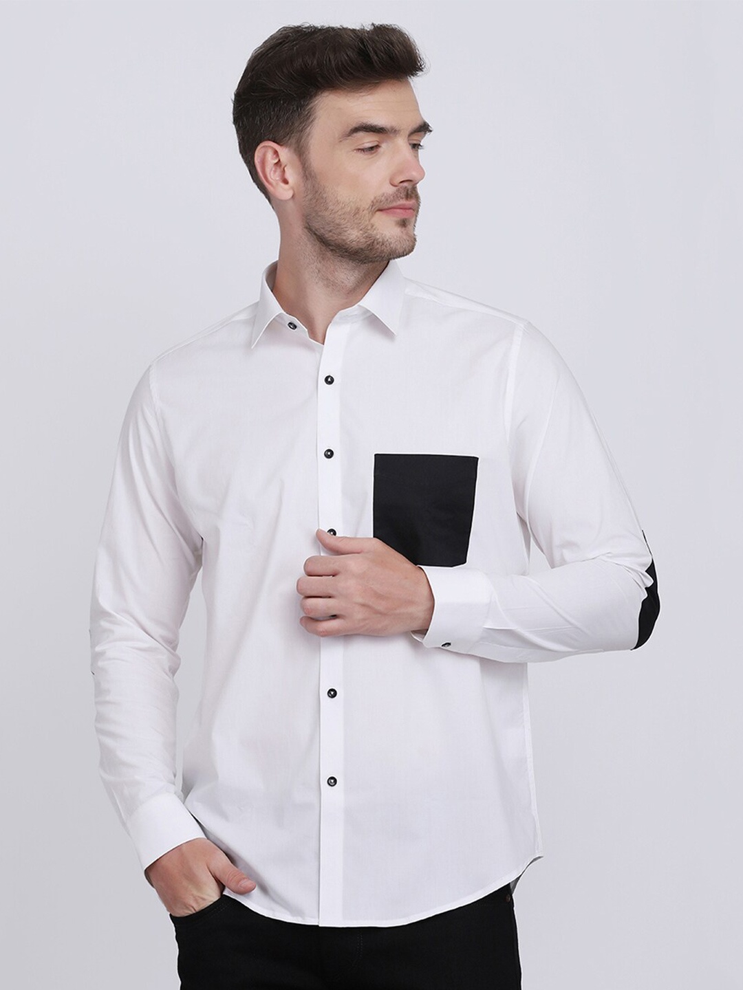 

JJAAGG T Men Classic Contrast Pocket Pure Cotton Casual Shirt, White