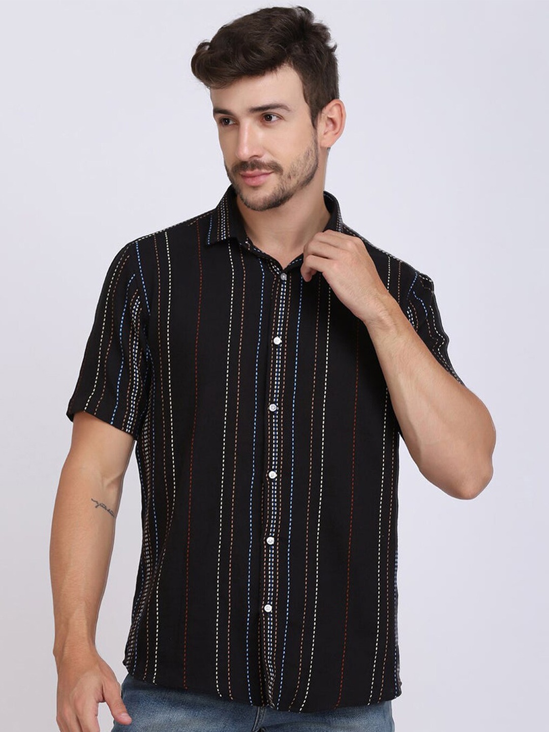

JJAAGG T Men Classic Striped Casual Shirt, Black