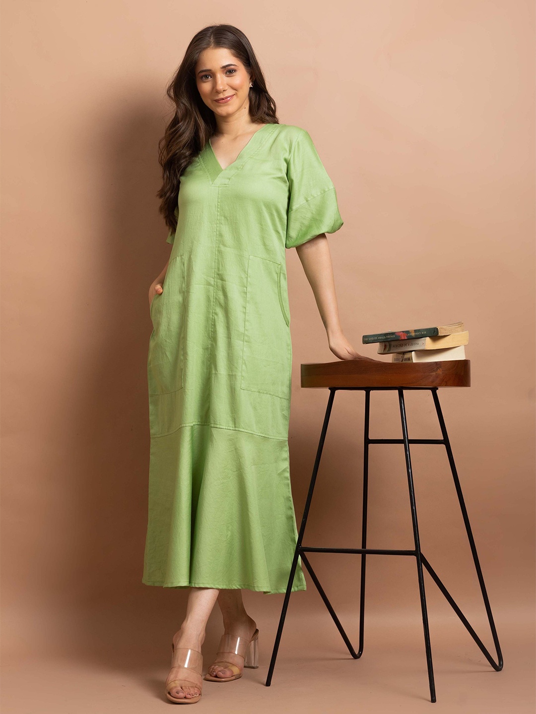 

CYU Women Sold Cotton A-Line Midi Dress, Green
