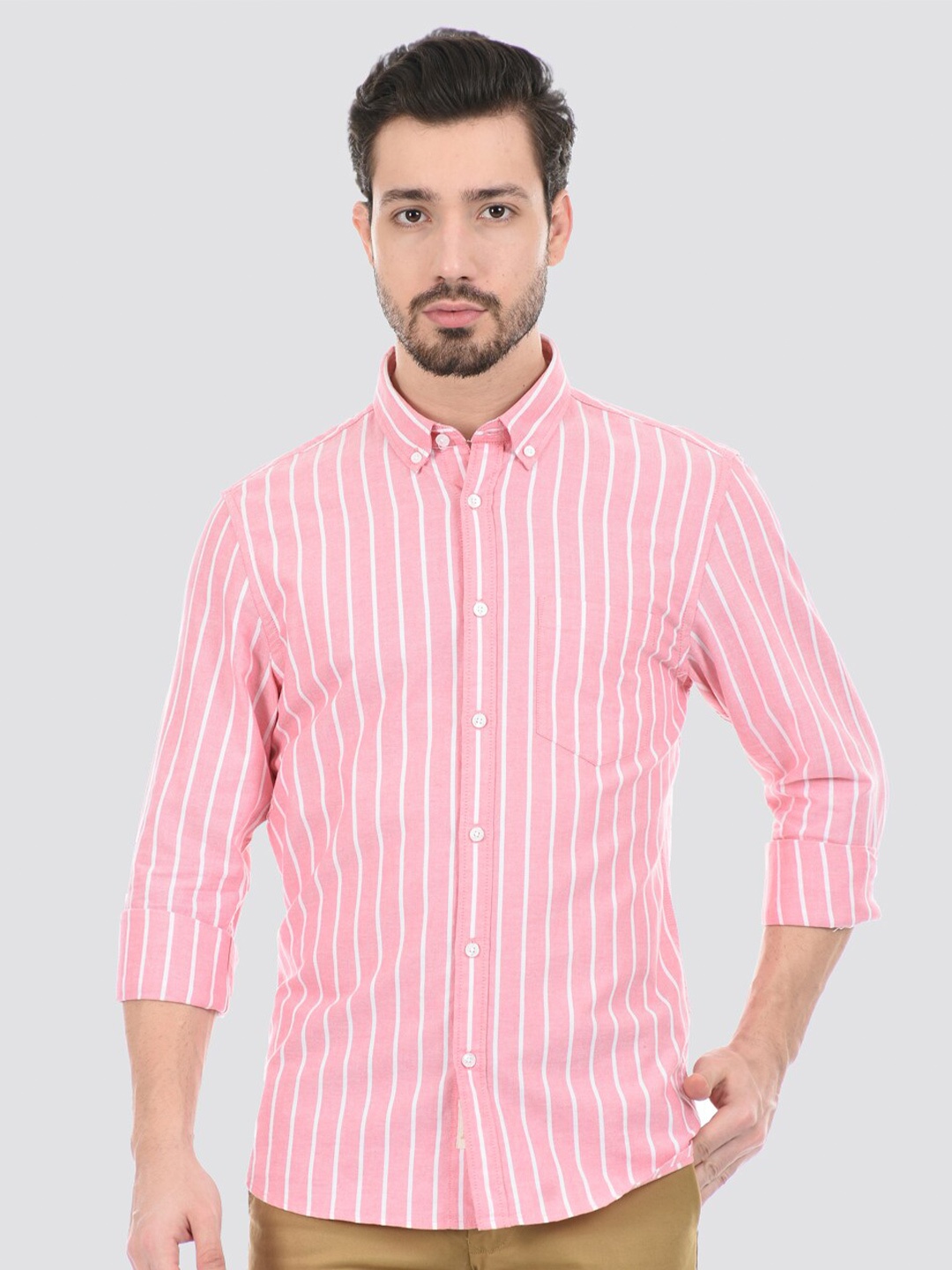 

LONDON FOG Men Cotton Striped Casual Shirt, Pink