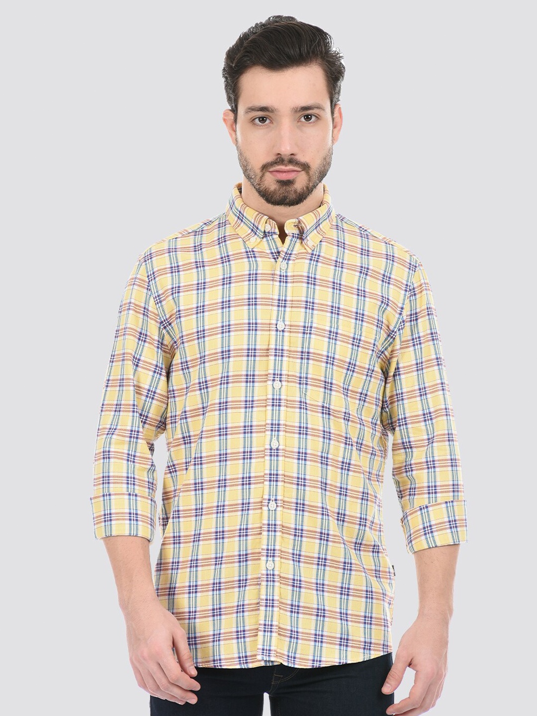 

LONDON FOG Men Cotton Tartan Checks Checked Casual Shirt, Yellow