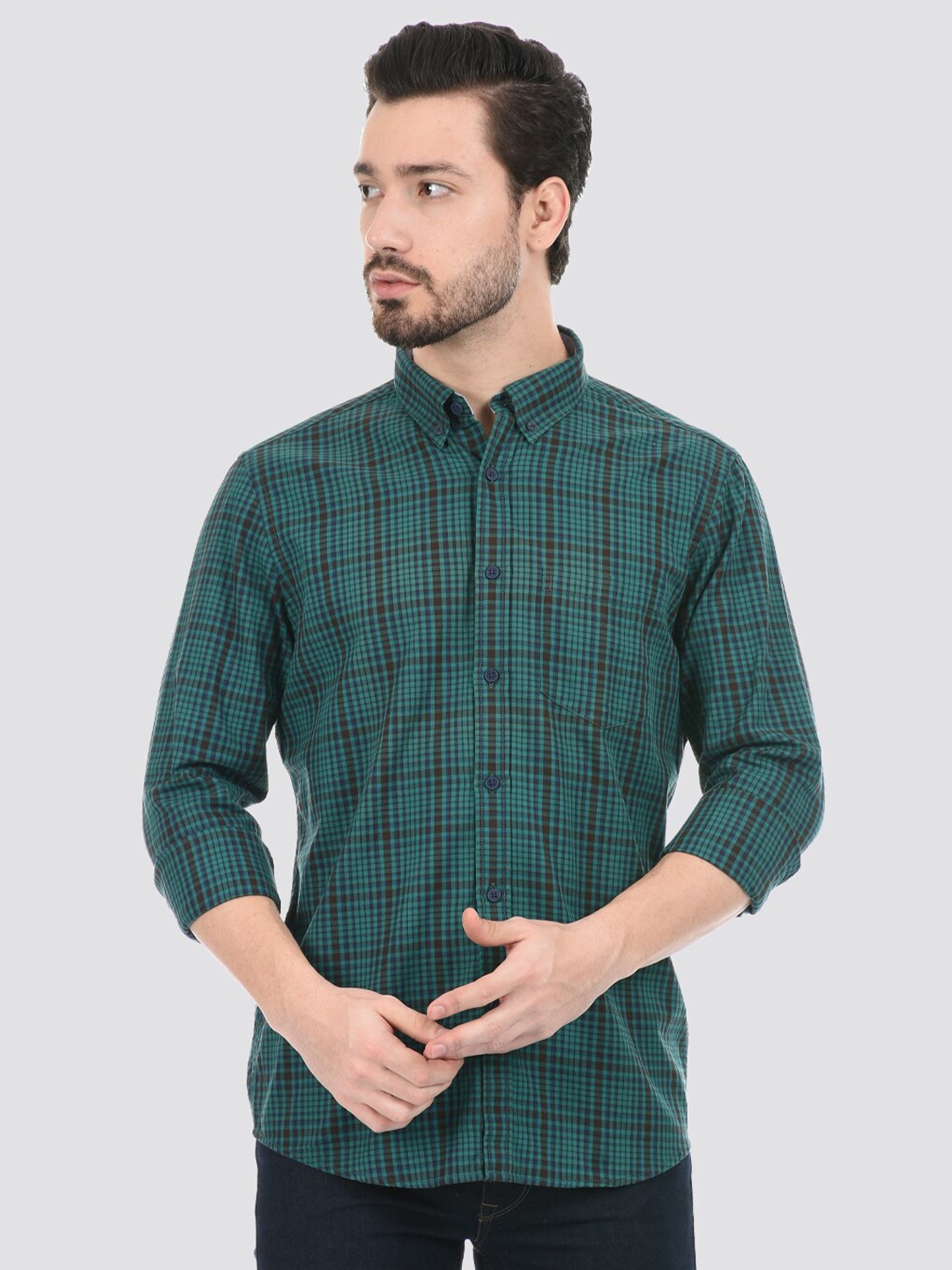 

LONDON FOG Men Cotton Tartan Checks Checked Casual Shirt, Green