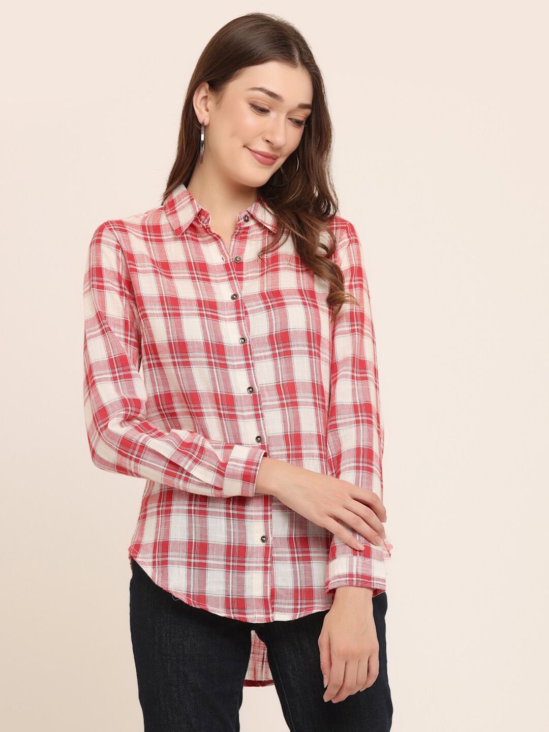 

KURTSY Women Relaxed Tartan Checks Checked Casual Shirt, Off white