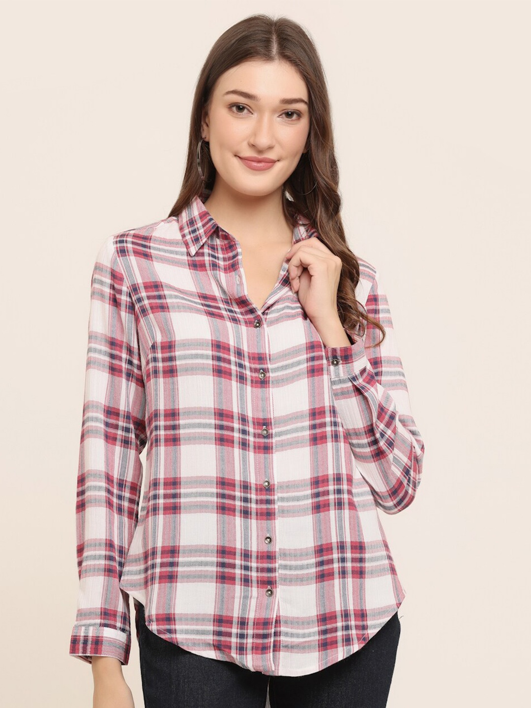 

KURTSY Women Relaxed Tartan Checked Cotton Casual Shirt, Red