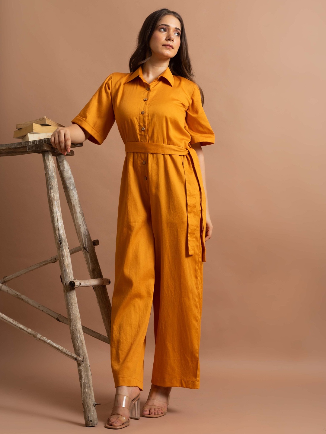 

CYU Women Solid Basic Cotton Jumpsuit, Mustard
