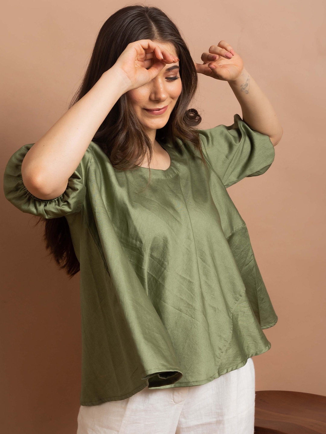 

CYU Women Olive Green Flared Top