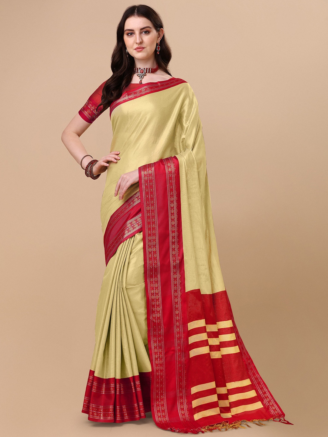 

KALINI Pure Silk Solid Ilkal Zari Border Saree, Cream