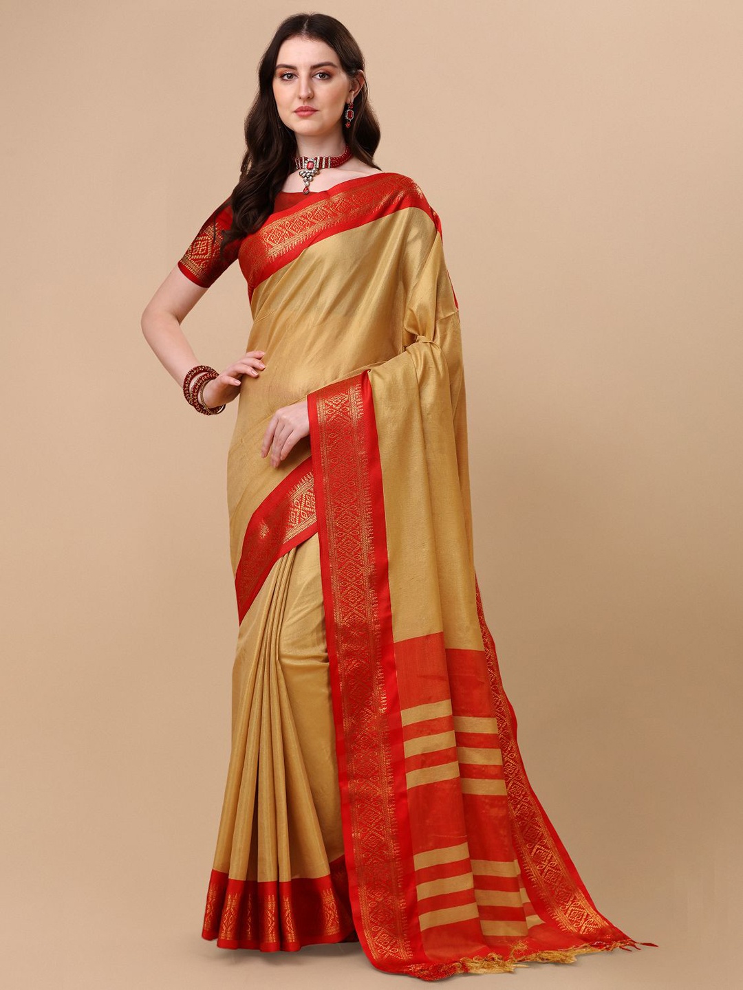 

KALINI Cream-Coloured & Red Woven Design Zari Pure Silk Ilkal Saree