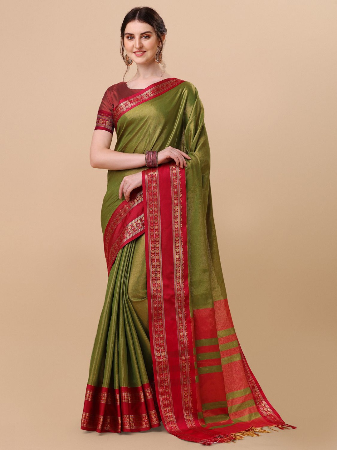

KALINI Pure Silk Solid Ilkal Zari Border Saree, Green