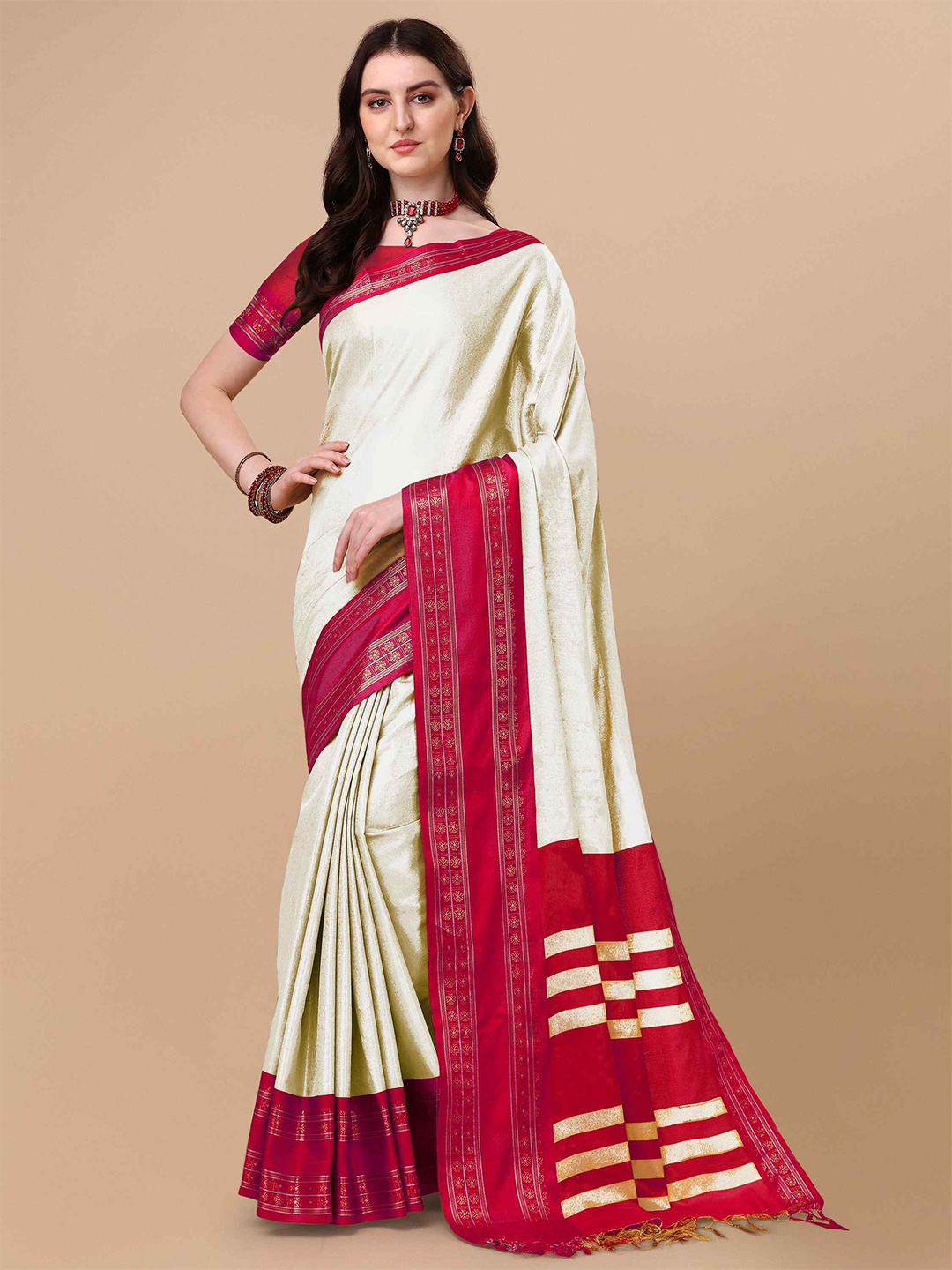 

KALINI Pure Silk Solid Ilkal Zari Border Saree, White