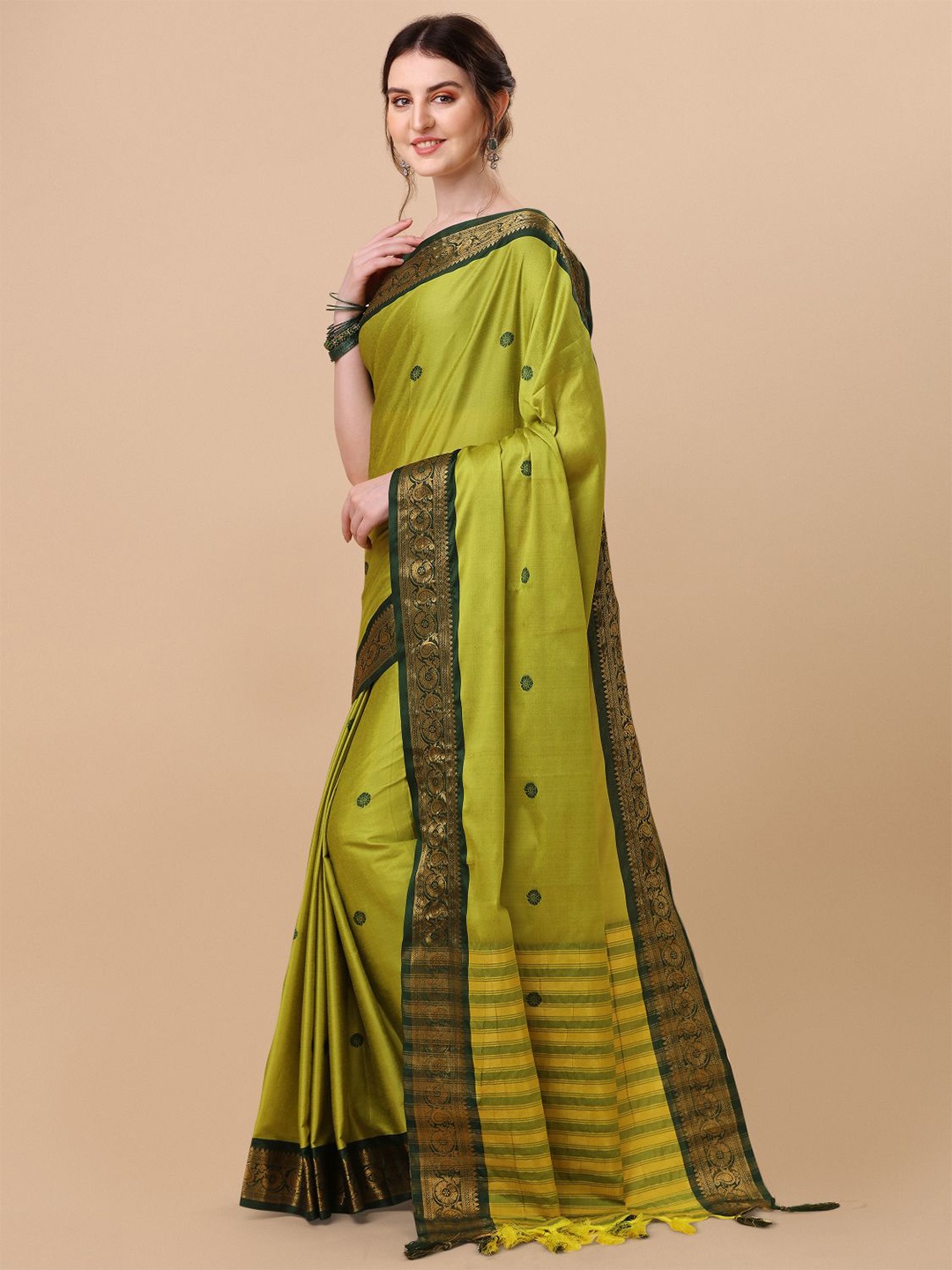 

KALINI Ethnic motifs woven design Pure Silk Ilkal Zari Border Saree, Lime green