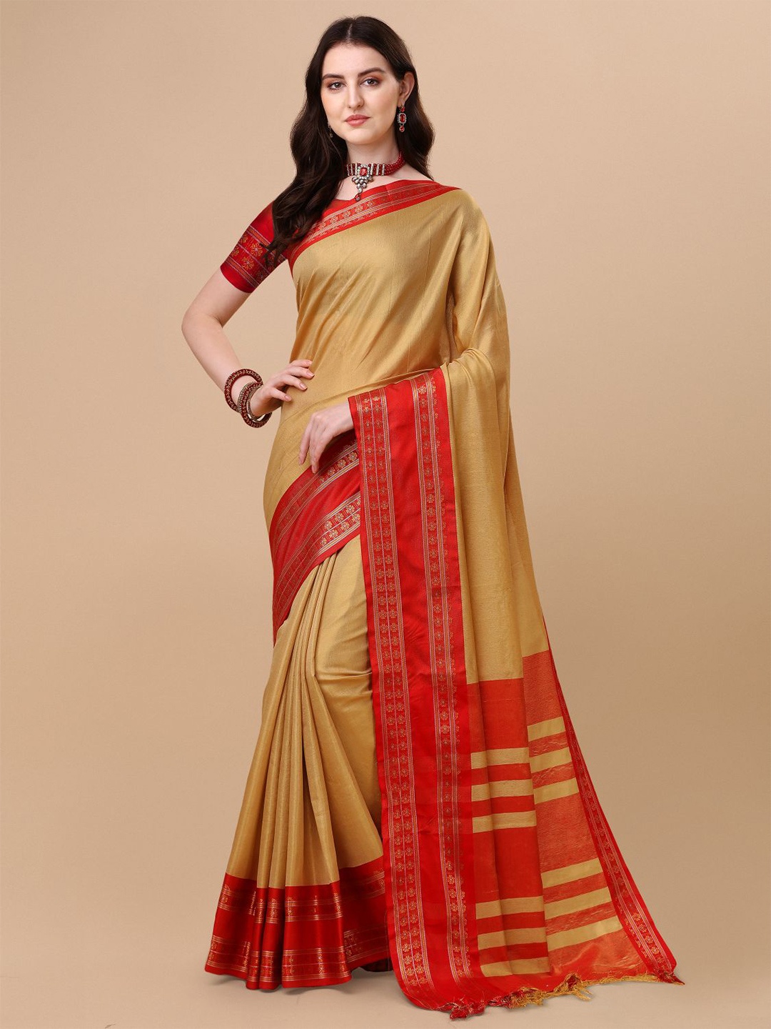 

KALINI Pure Silk Solid Ilkal Zari Border Saree, Beige