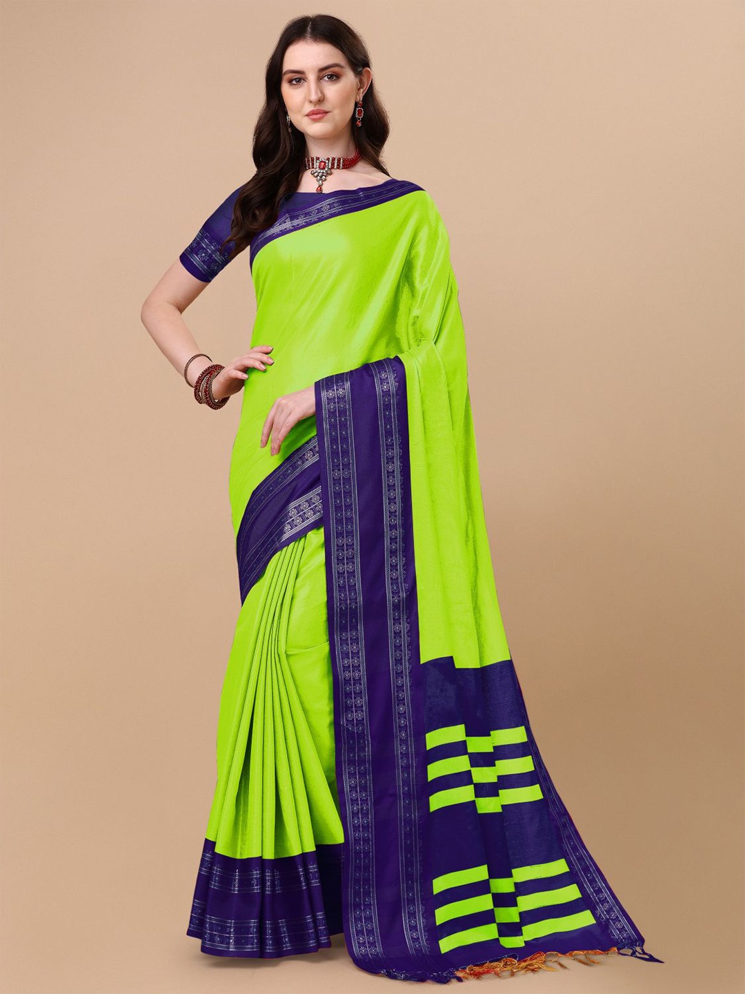 

KALINI Pure Silk Solid Ilkal Zari Border Saree, Green