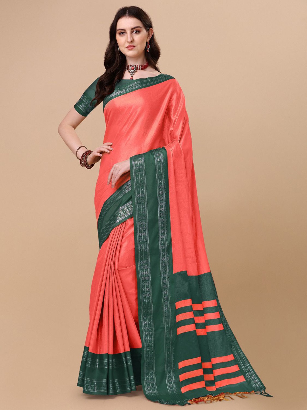 

KALINI Pink & Green Pure Silk Ilkal Zari Bordered Saree